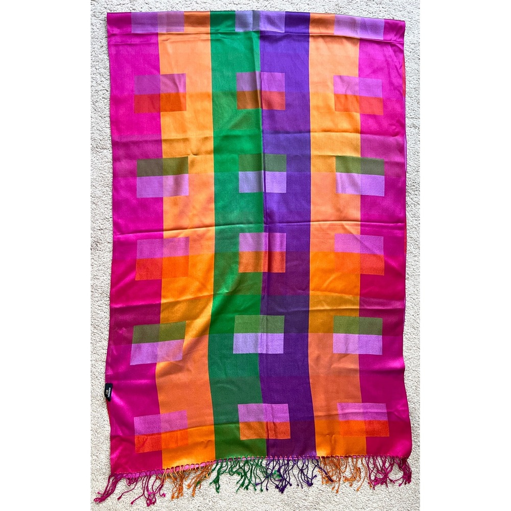 Jim Thompson Colorful Twill 100% Silk Scarf Colorblock Fringe Made in Kashmir